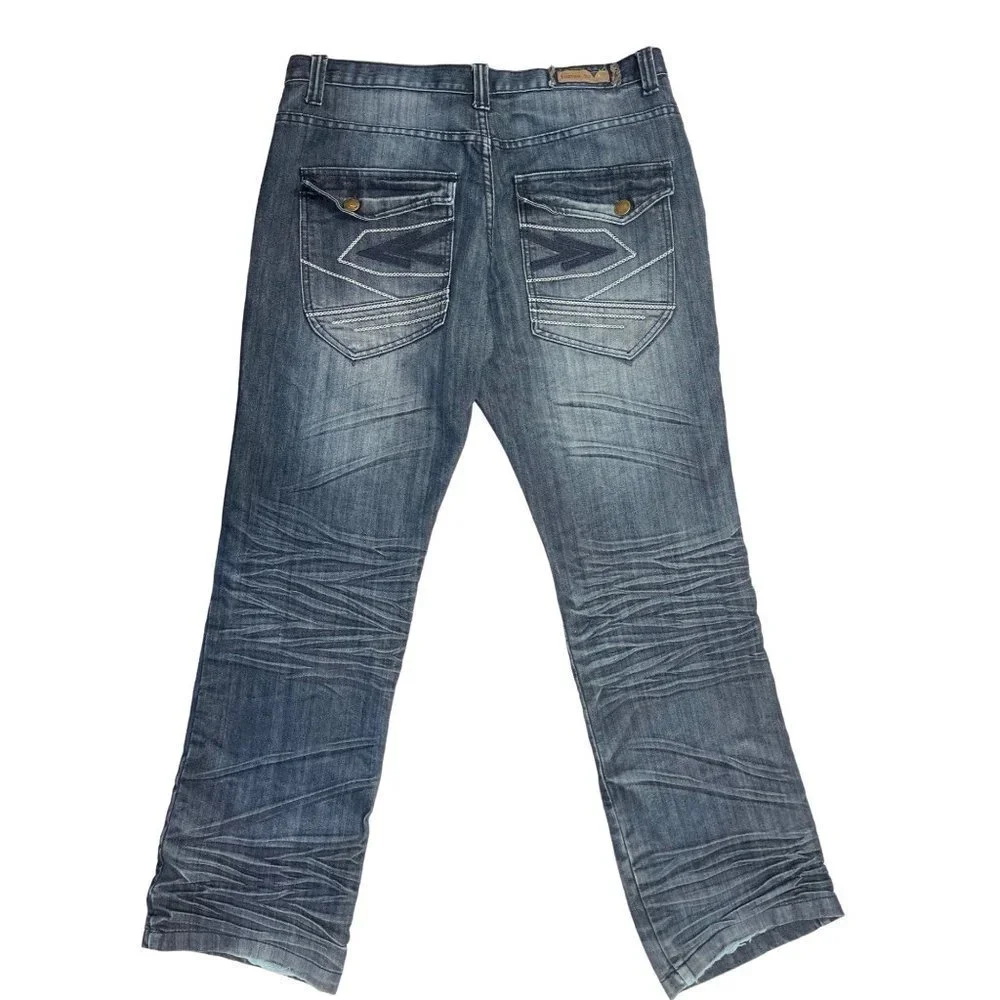 INDIGO 30 Men's Dark Denim Whiskered Jeans 36x34 Flaps Embroidery Bootcut EUC‎